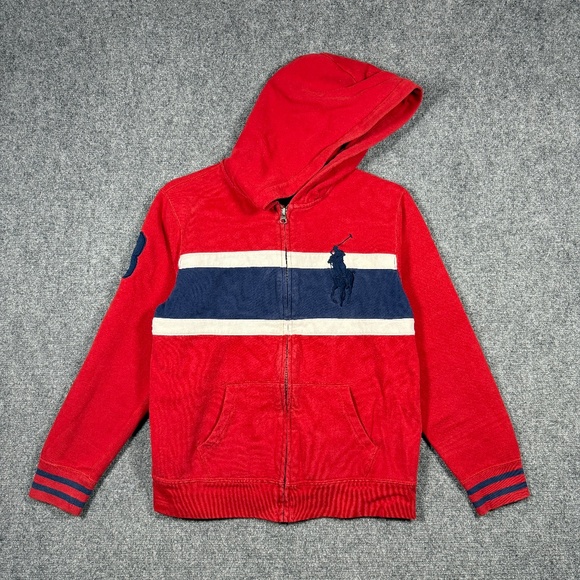 Vintage Polo Ralph Lauren Big Pony Zip Up Hoodie Youth Large 14-16 Red Blue - Picture 1 of 9